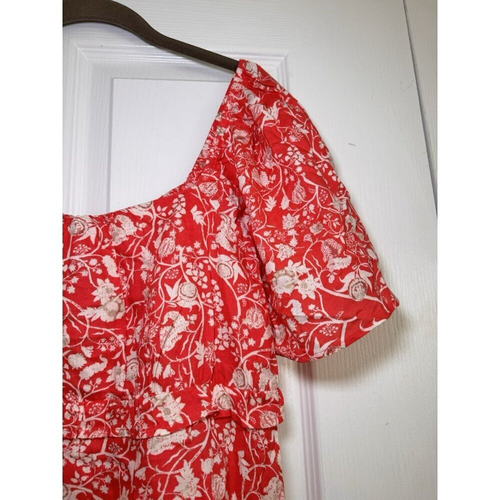 Red Floral Mini Dress Women US 8 Puff Sleeve Square Neck Summer - Picture 3 of 9